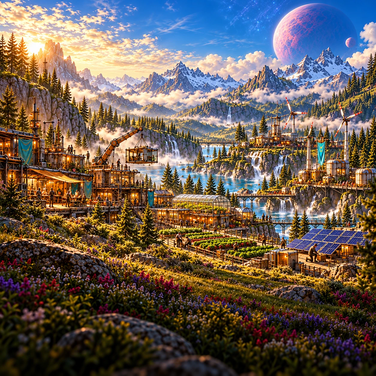 A flourishing alpine colony with greenhouses and construction