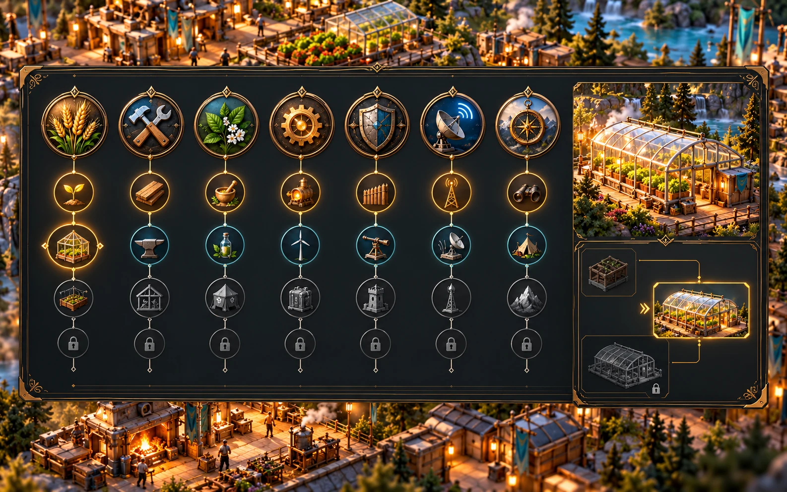Research branches and greenhouse upgrades in the frontier colony